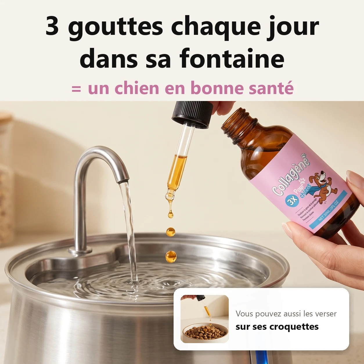 Une main verse trois gouttes de Collagène Liquide Premium Zevlo dans la fontaine à eau Dog Pure en inox