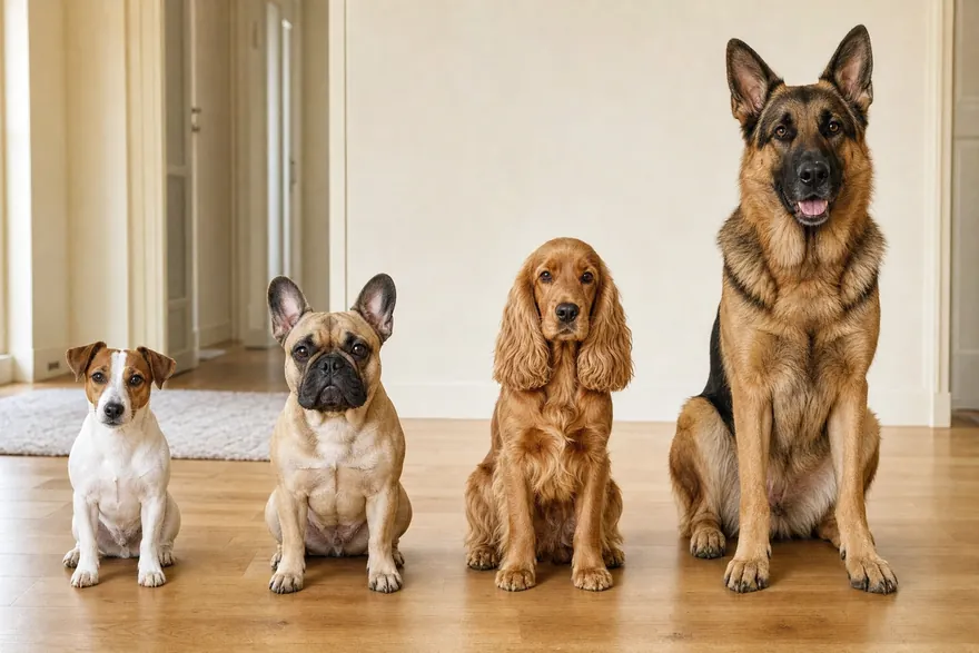 Quatre chiens de tailles différentes assis côte à côte